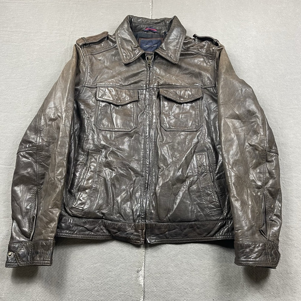 Tommy Hilfiger Leather Jacket Mens Medium Brown Lined Pockets Full Zip Up Bomber
